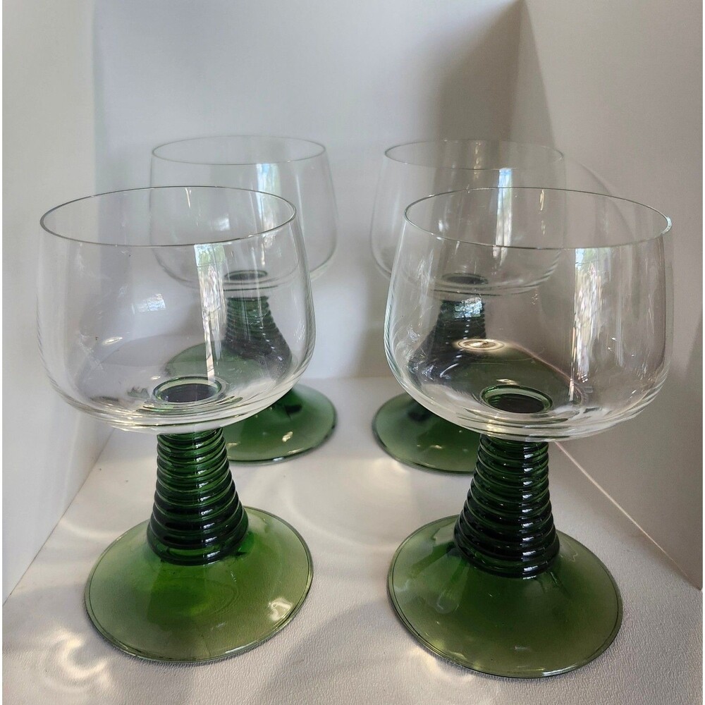 Lot Of 4 Green And Clear Wine Goblets Beehive Design